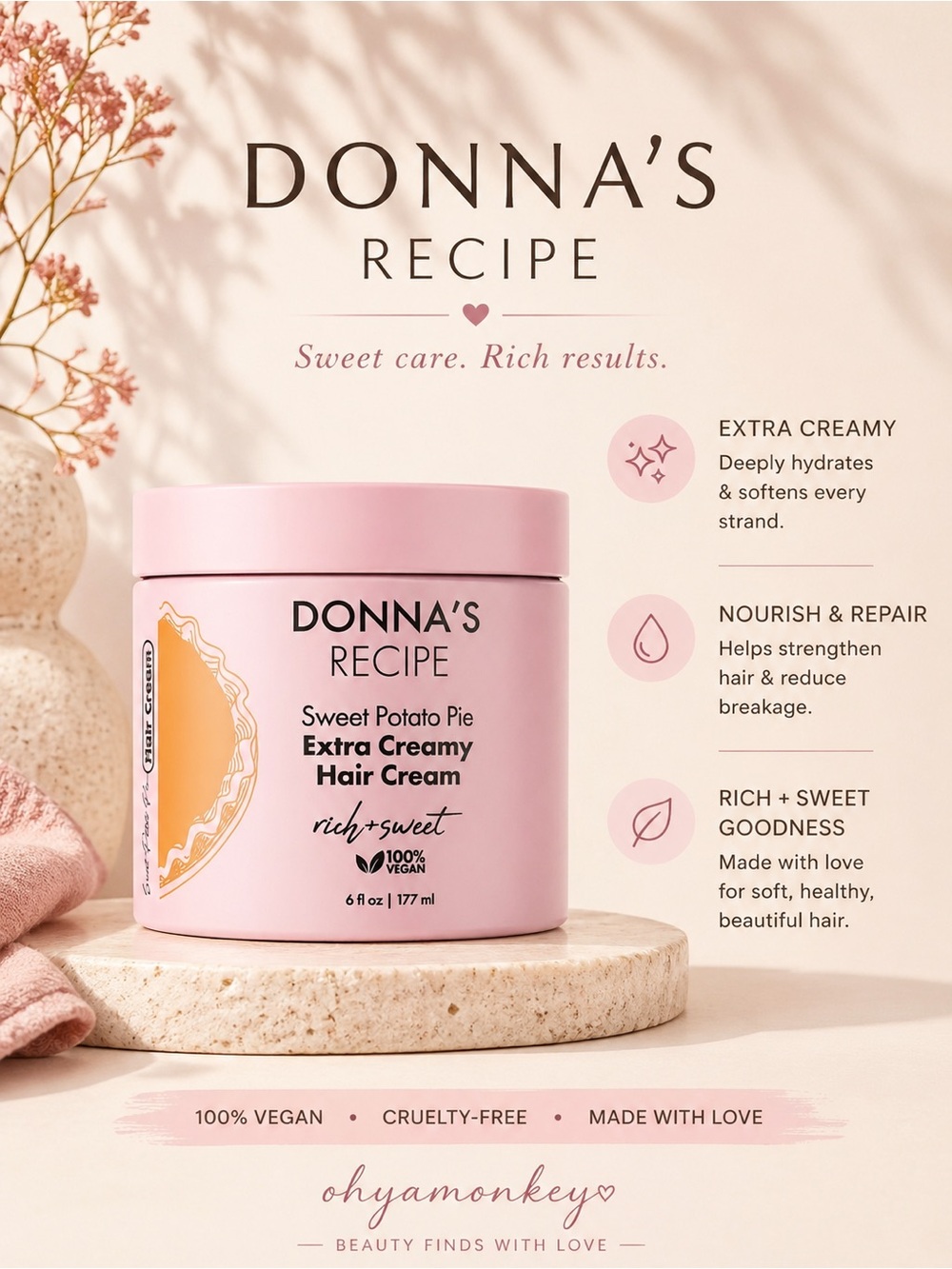 DONNA'S RECIPE Sweet Potato Pie Extra Creamy Hair Cream 6 oz